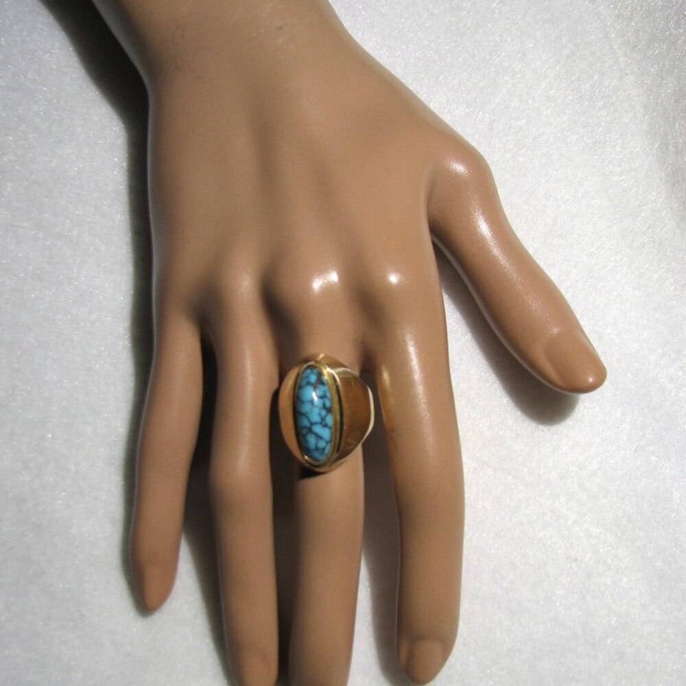 Vintage 14k Yellow SOLID Gold and Persian Turquoise Ring -- Size 7, Heavy 9.1g - Picture 5 of 7